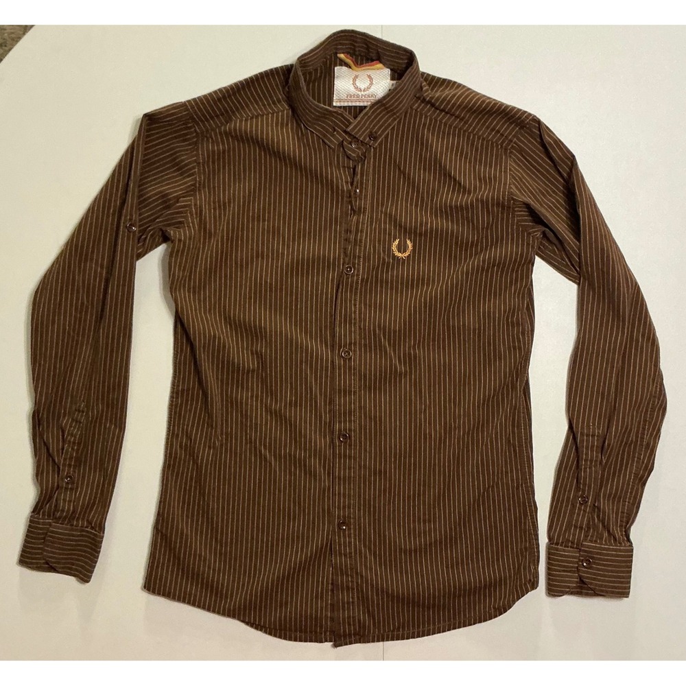 Fred Perry Mens Brown Pinstripe Button Down Shirt Laurel Wreath Logo Sz M Fit S